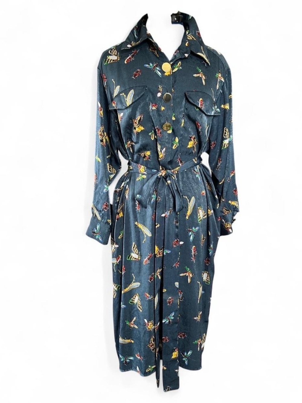 Zara Navy Blue Insect Print Belted Shirt Dress